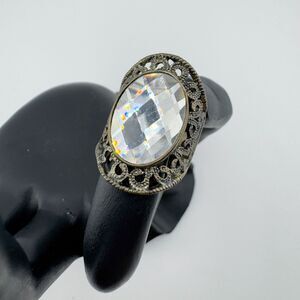 Vintage Filigree Oval Rhinestone Ring Gatsby Swirl Retro Victorian